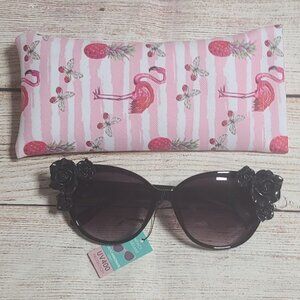 Retro Optix 3-D Roses Embellished Sunglasses with Pouch - Black with Black - NEW
